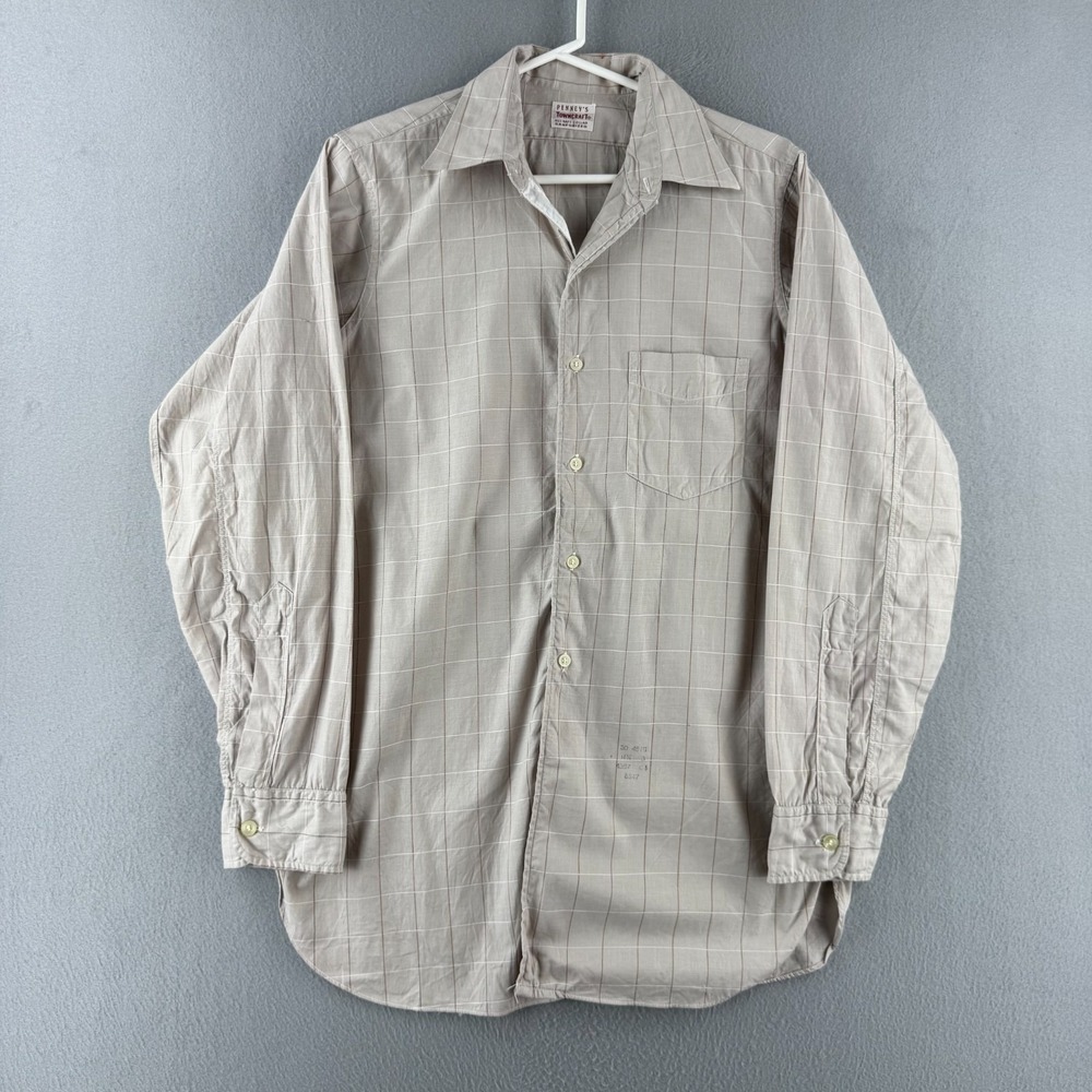 Vintage 60s Penneys Shirt Mens Small 14.5 Beige Button Up Long Sleeve Sanforized